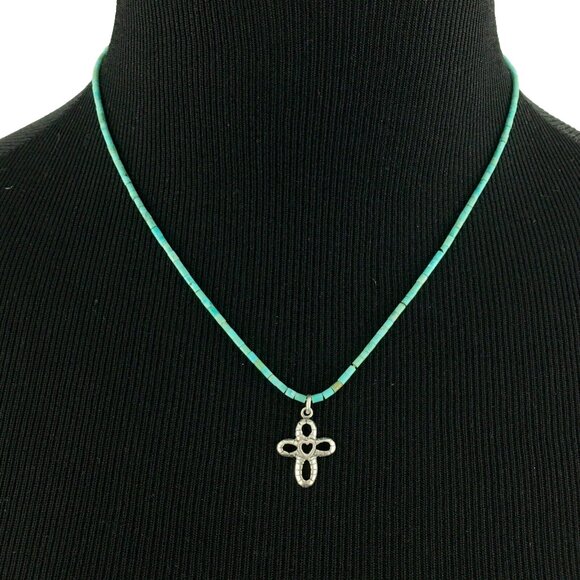 SOUTHWEST turquoise heishi bead necklace w/ sterling silver heart cross pendant - Picture 3 of 7